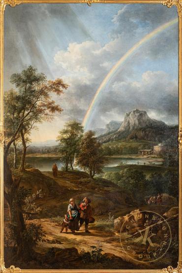 Landschaft mit Regenbogen und einer Bauernfamilie, Gemälde aus dem Ersten Kleinen Rosa-Zimmer,  ...