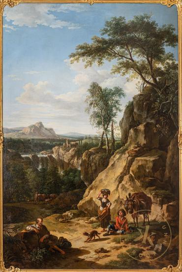 Berglandschaft mit Personengruppe und Packesel im Vordergrund, Gemälde aus dem Ersten Kleinen R ...