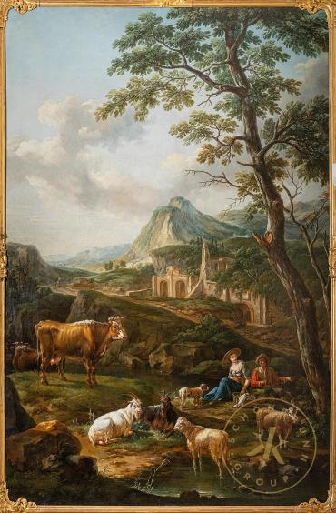Italienische Landschaft mit Hirtenpaar und Herde vor einer Ruine, Gemälde aus dem Zweiten Klein ...