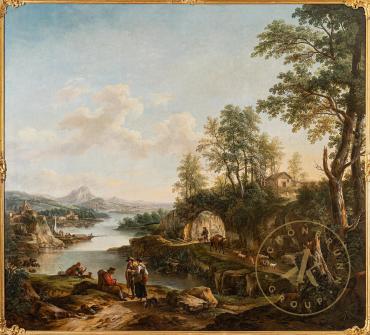 Flusslandschaft mit reicher Staffage, Gemälde aus dem Zweiten Kleinen Rosa-Zimmer, Joseph Rosa, ...