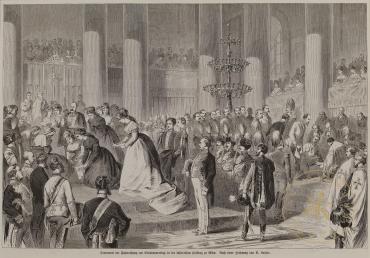Kaiserin Elisabeth bei der Fußwaschung im Zeremoniensaal der Wiener Hofburg, Zeitungsxylografie ...