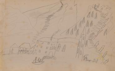 Blatt mit der Darstellung einer Landschaft samt Häusern, einer Kutsche und einem Boot. Bleistif ...