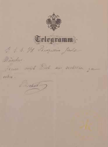 Eigenhändiges Telegramm der Kaiserin Elisabeth an ihre Tochter Gisela
© Schloß Schönbrunn Kult ...