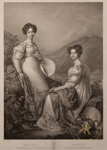 Erzherzogin Sophie mit ihrer Zwillingsschwester Marie, der späteren Königin von Sachsen. Lithog ...