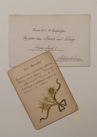 Glückwunschkarte an Kaiser Franz Joseph von seinen Enkelkindern Erzherzog Hubert Salvator und E ...