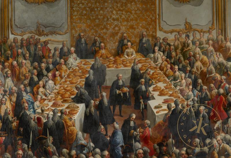 Die kaiserliche Familie umgeben von höfischen Würdenträgern an der Tafel. Detail aus dem Gemäld ...