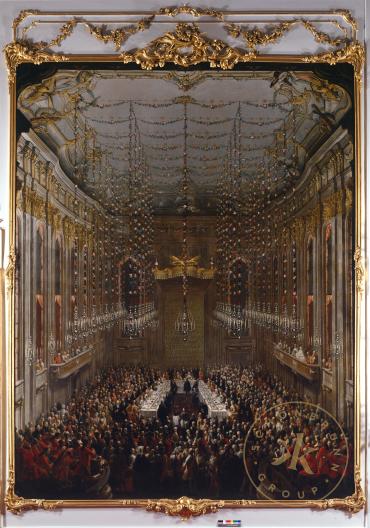 Öffentliche Tafel im Großen Redoutensaal der Wiener Hofburg. Gemälde aus dem Bilderzyklus zur H ...